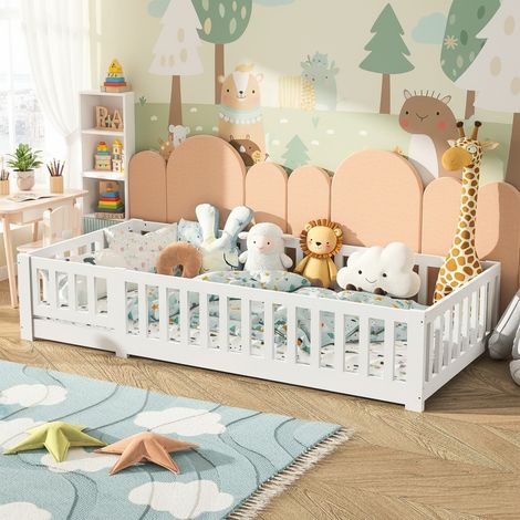 VASIEN – Lit enfant 90x200 cm –Protection antichute – Barrières de protection et petite porte– Sommier à lattes pin massif – Lit Montessori blanc pour garçons et filles (1/5)