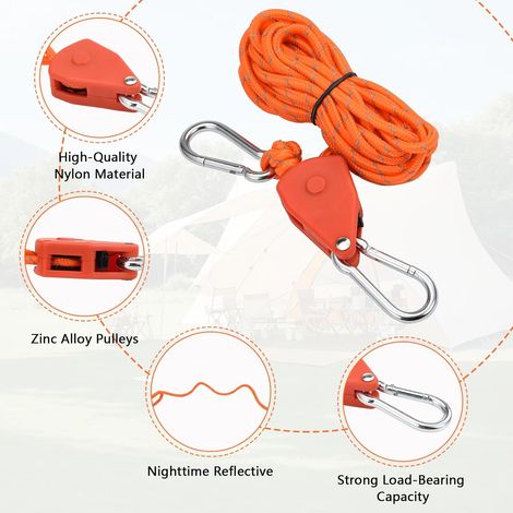 6 Pièces Tendeur de Corde de 4 Mètres,Tente Réfléchissante de 4 mm,Corde à Cliquet avec Crochet,Paracorde Réglable,Convient pour La Randonnée,Le Camping et l'escalade (1/4)
