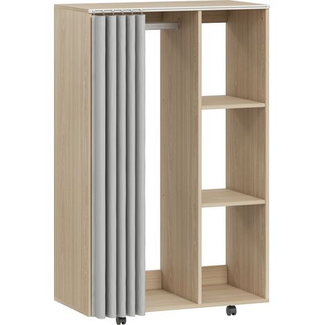 Armoire dressing mobile avec tringle et étagères, 80x40x128cm, effet bois naturel, 4 roulettes (1/5)