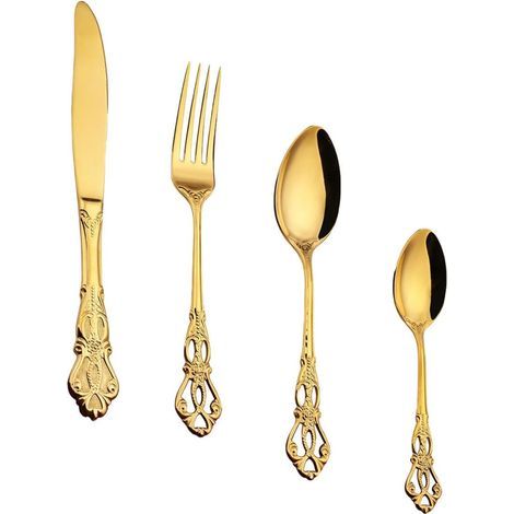 Set de Couverts en Acier Inoxydable Doré Finition Miroir, Fourchette à Dessert et Couteau à Steak, Portable, Maison Restaurant (1/5)