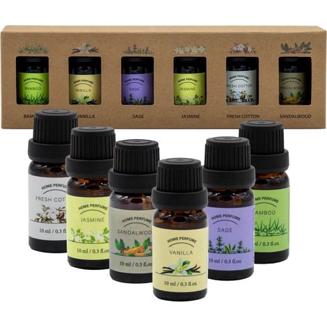 Aromaöl für Diffuser in 6 verschiedenen Düfen - 12er Set - Raumduft Öl in 10ml Flacons für Aromalampen - Raum Erfrischer Lavendel Jasmin Cotton Sandelholz Bambus Vanille Duft Aroma Therapie