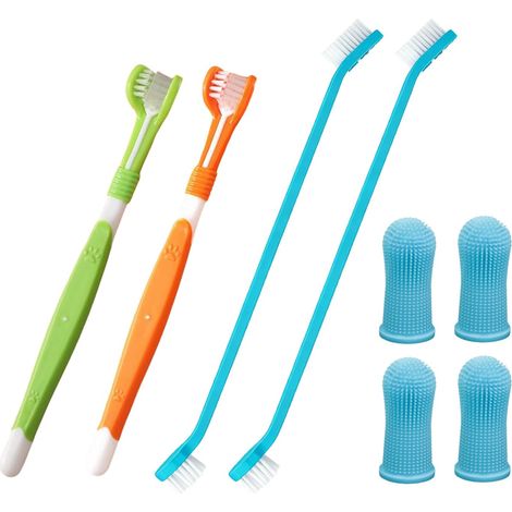 Brosse A Dent Chien Chat, 2 Brosses à Dents à Triple Tête Et 2 Doubles, 4 Brosses à Dents Pour Doigts, Pour Le Nettoyage Et Le Soin Des Dents Des Animaux De Compagnie (1/5)