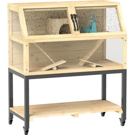 Zwerghamsterkäfig aus Holz, 87 x 43 x 101 cm Nagerkäfig mit Ablagefläche, Wasserflasche, Hütte, Wippen, Kleintierkäfig mit Rädern, Rampen, Naturholz
On-Site