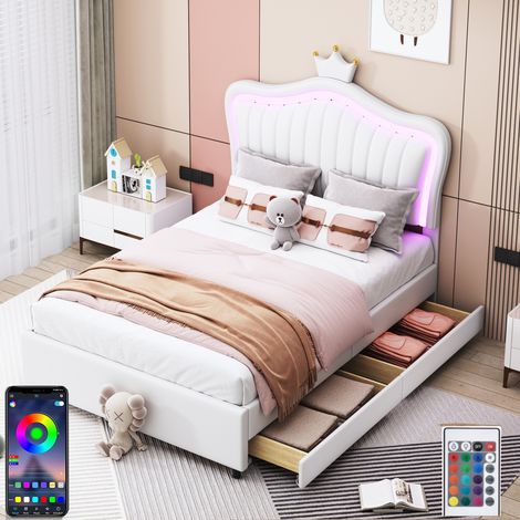 Letto matrimoniale 90x200 cm con 2 cassetti, illuminazione LED, APP, testiera a forma di corona, rete a doghe, letto trapuntato in similpelle - Bianco