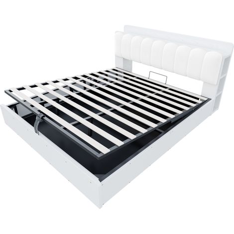 Lit coffre hydraulique 180 x 200 cm blanc avec tĂŞte de lit USB et rangements (1/5)