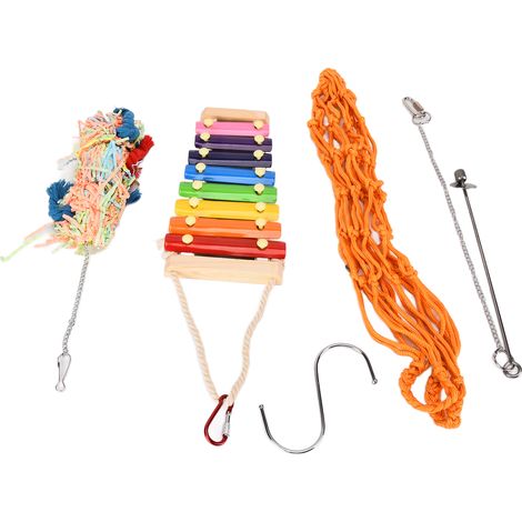 Lot de 4 jouets pour poules, xylophone, filet, sac de suspension, balançoire, jouets pour poules, canards, aras et perroquets (1/5)