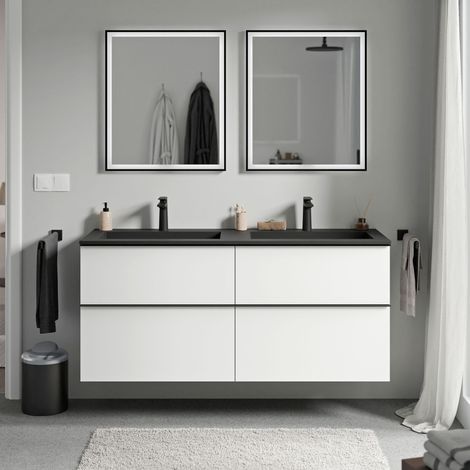 Unterschrank Bernstein LAVOA 120 cm mit Mineralguss Waschbecken BRUXELLES - Metallgriff Chrom, Weiß matt, Waschbecken Schwarz matt mit Hahnloch