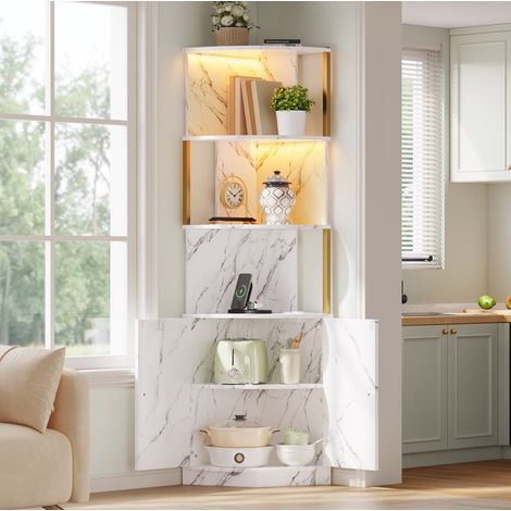 Mueble esquinero con LED y enchufes, 2 puertas, 38 x 38 x 180 cm, blanco MDF DESVIAE (1/5)