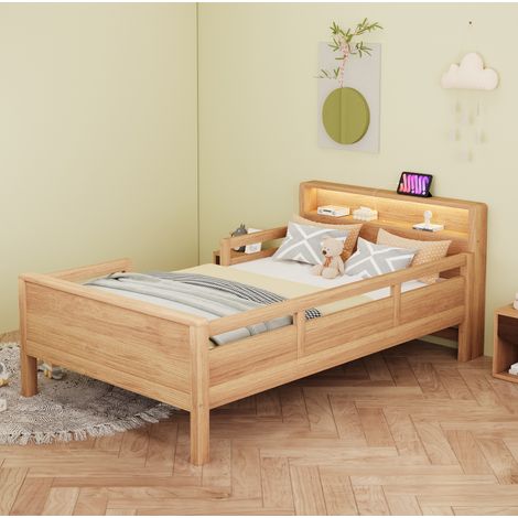 Cama infantil 90x200 cm con LED, puertos USB y Type-C, cabecero con almacenamiento y estructura de madera estable - natural (1/5)