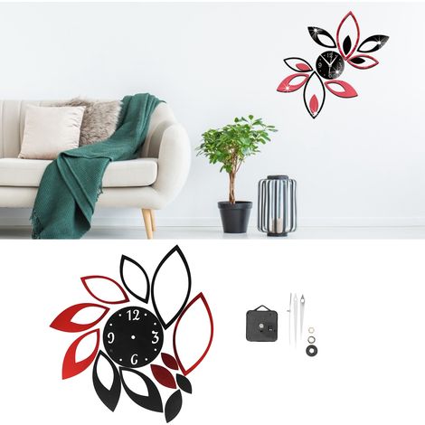 Autocollants d'horloge murale miroir à faire soi-même, décoration moderne pour salon (noir rouge) (1/5)