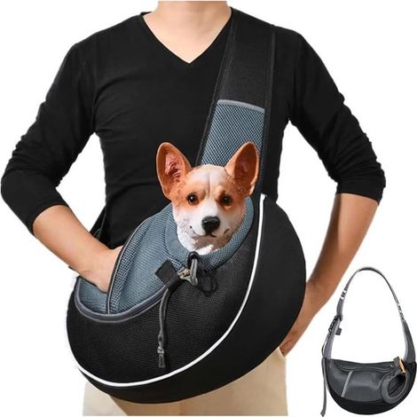 Hundetragetasche Verstellbarer Tragegurt Atmungsaktive Netz-Schultertasche Für Katzen und kleine Hunde Ideal für Reisende Schwarz 39 x 24 x 4 cm (1/5)