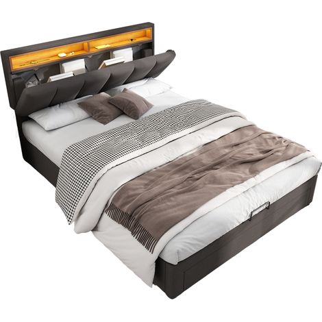 Letto Imbottito 140x200 cm in Lino, Letto Matrimoniale con Vano Contenitore, LED Regolabile, senza Materasso (1/5)
