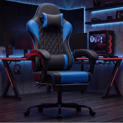 Poltrona gaming 66x54x121-131 cm in PVC nero e blu con supporto lombare - MEUBLIV (1/5)