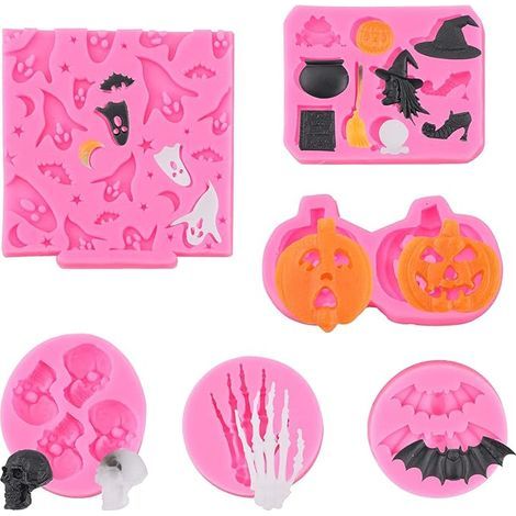CCYKXA 6Pcs Halloween Silicone Fondant Molds DIY Chocolate Cake Candy Jelly Sweet Molds Pumpkin Bat Ghost Witch for Baking Kids Party Supplies (1/5)