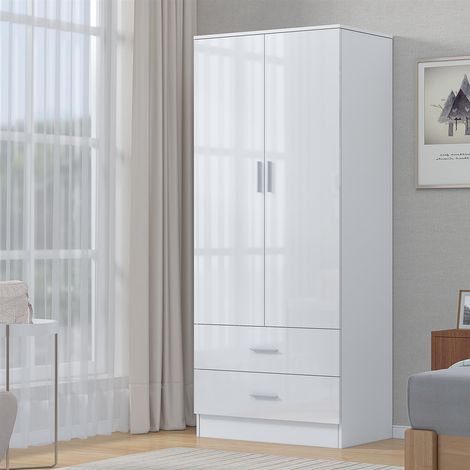 Reflect 2 Door 2 Drawer Combi Plain Wardrobe - White Gloss & Matt White - Hanging Rails, Drawers & Shelf