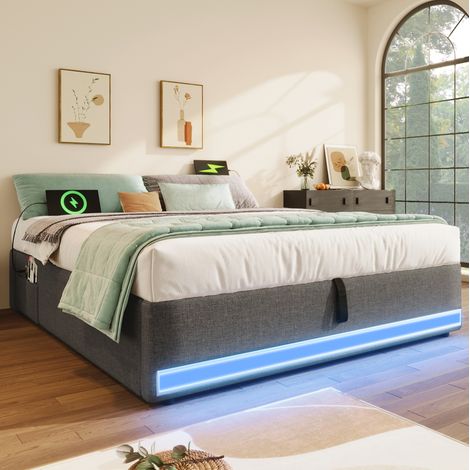Cama dormitorio con almacenamiento USB gris 140x200 OKMYHOME (1/5)