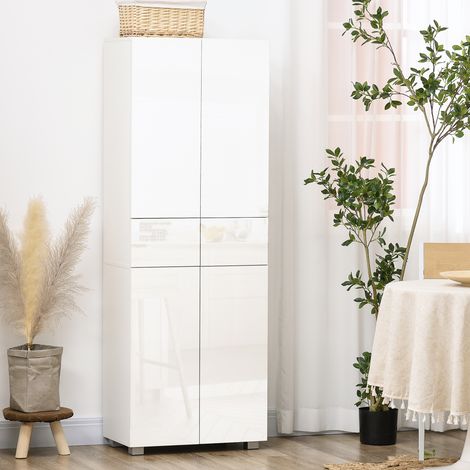 Armoire de cuisine blanche laquée, buffet 4 portes avec tablettes réglables - dimensions 60 x 35 x 170 cm, meuble de rangement fonctionnel
