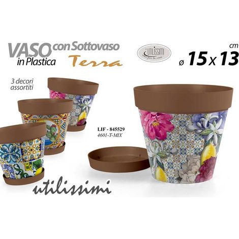 Vaso da Giardino con Sottovaso in Plastica Decoro Terra 15 x 13 cm 3 Decori