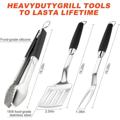 Ensemble de 3 accessoires de barbecue en acier inoxydable : spatule, pince et fourchette avec manche antidérapant. - AquaForge (1/4)