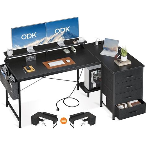 ODK L-förmiger Schreibtisch Schwarz USB-Ladestation 4 Schubladen 160x80cm (1/5)