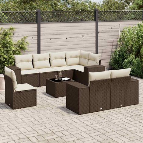 9-tlg. Garten-Sofagarnitur mit Kissen Braun Poly Rattan (1/5)