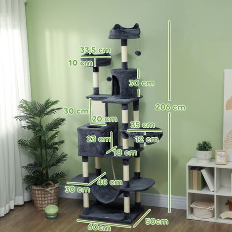 Tour à chat 206 cm avec cachette, 2 balles de jeu, poteaux en sisal, plateforme pour chats de grande taille, gris anthracite (1/5)