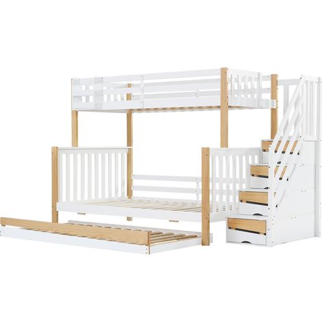 Etagenbett für Kinder mit Ausziehbett, Kiefer/MDF, weiß und natur, 90/120 x 200 cm (1/5)