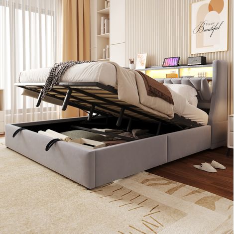 Letto a castello 180/200 cm in velluto grigio chiaro con contenitore, LED e testiera con prese USB/Type-C (1/5)