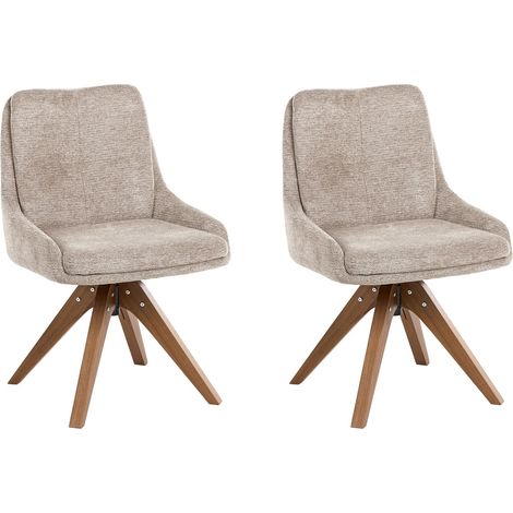 Set of 2 Swivel Dining Chairs Taupe Fabric Upholstery Metal Rotating Wooden Legs Base DORRIS (1/5)