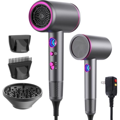 Asciugacapelli professionale, asciugacapelli ionico ad alta velocità da 1875 W con diffusore/concentratore/ugello a pettine, display a LED della temperatura, controllo intelligente della temperatura (
