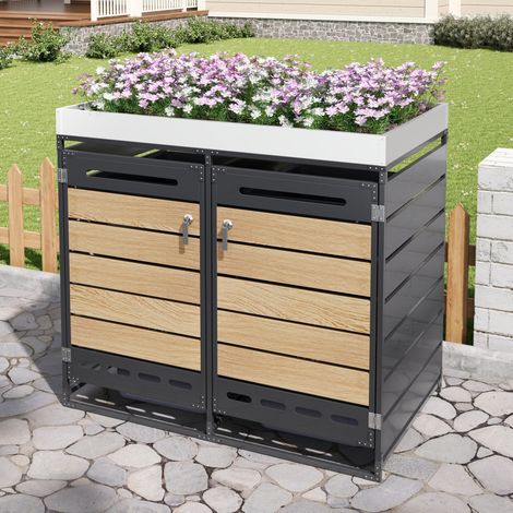 Abri poubelles noir en fer à 2 compartiments avec bac à plantes intégré, ventilation et portes verrouillables (1/5)