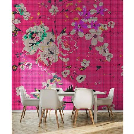 Papier peint panoramique graphique rose Tapisserie panoramique florale parfaite pour bureau Papier peint panoramique tendance fleuri (1/3)