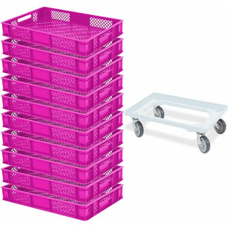 BRB 10 Eurobehälter, LxBxH 600x400x90 mm, Industriequalität, lebensmittelecht + 1 Transportroller (pink/weiß)