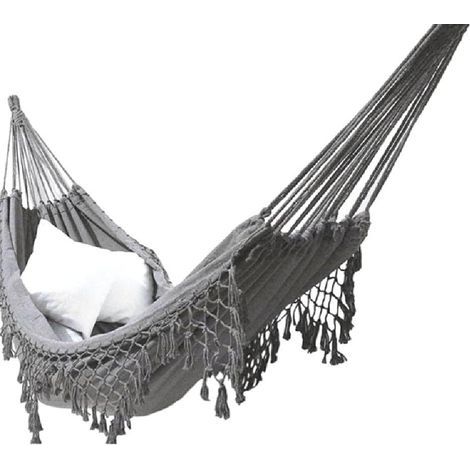 Doppelte Makramee-Hängematte im Boho-Stil mit Fransen aus Segeltuch – Große Hängeschaukel – Für Strand, Garten, Schlafzimmer, Terrasse – Mit gewebten Quasten, GRAU (1/5)