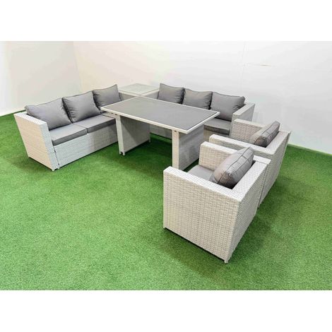 Fimous 8 Seater Wicker PE Rattan Furniture Outdoor Dining Table 3 Seater Sofa Armchair Set with Side Table Light Grey (1/5)