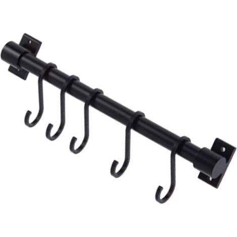 Barre de rangement cuisine 30 cm avec 5 crochets - Porte-ustensiles mural en aluminium noir pour suspendre cuillères, torchons et accessoires de cuisine (1/4)