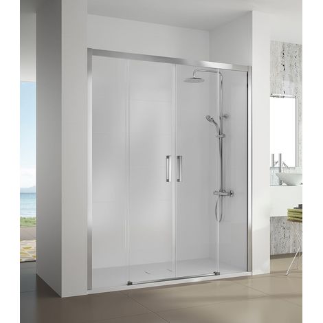 KASSANDRA CU100 S400 Mampara Frontal de Ducha 2 Fijos 2 Puertas Correderas Plata Transparente - Medida: 180-186 CMS - ref: CU1001616S195180