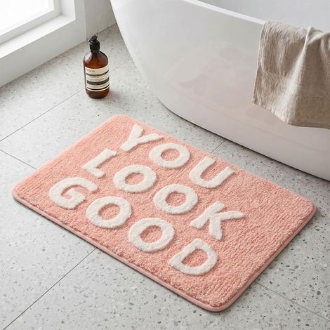 Tapis de bain multicolore avec lettres - Tapis de bain antidérapant et lavable - Doux et absorbant - Décoration de salle de bain - Motif alphabet amusant - Dopamine (rose) (1/5)
