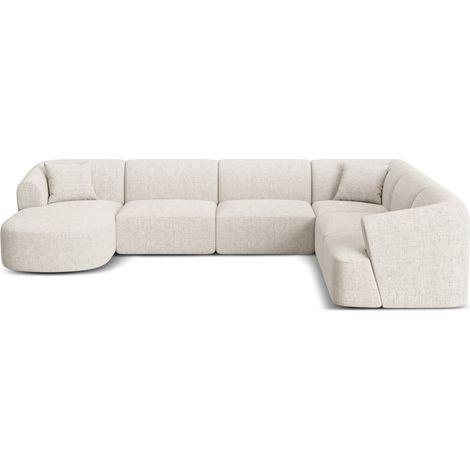 Canapé d'angle panoramique 7 places tissu structurel beige clair (1/5)
