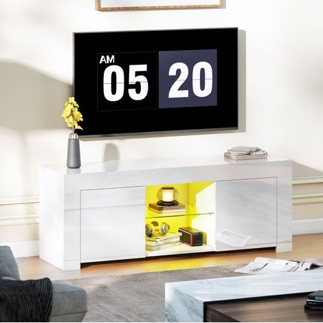 Meuble TV LED blanc avec 2 portes, étagère en verre et passe-câbles, 120 cm (1/5)