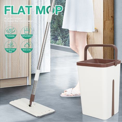 Aqrau Serpillières Microfibre/Balai à plat 360° Rotation/avec 2 Serpillères Réutilisables Fournies/blanc crème (1/5)
