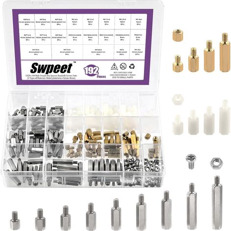 Carbon Steel Spacer Kit, Metric Thread, Male/Female, 192 Pieces, M4, 21 Sizes, 3 Materials, Varnished Iron, Brass or Nylon, Screws, Nuts Assortment, Spacers (1/5)