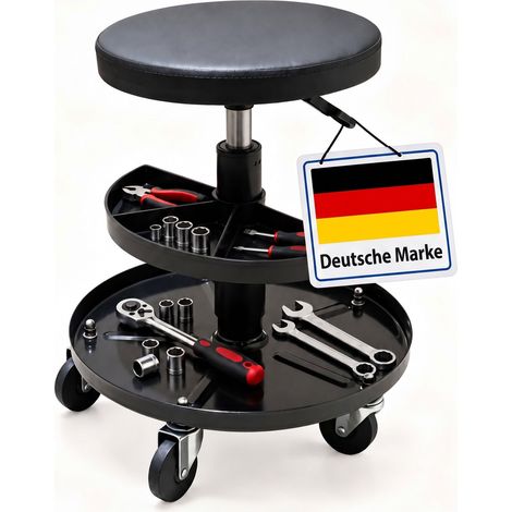 Relaxdays Werkstatthocker, Rollen, höhenverstellbar, Montagehocker, Ablage, 5 Rollen, HxD: 42-56x38 cm, Metall, schwarz (1/5)