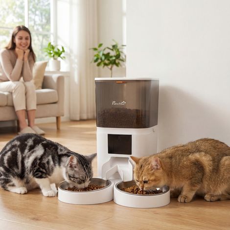Distributeur Croquettes Chat Automatique 2 Animaux 6L Double Bol Inox WiFi Tuya App ABS 37x36x35cm Blanc
