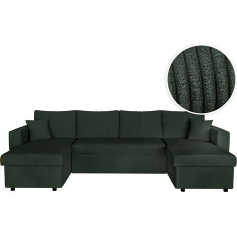 Loungitude – Canapé d'angle panoramique convertible 6 places – 2 coffres de rangement – Velours côtelé vert foncé – Système de couchage tiroir lit (1/5)