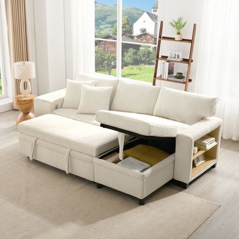Sofá cama esquinero 231x131.5x84 cm beige en pana con almacenaje, estantes laterales y puertos USB-C (1/5)