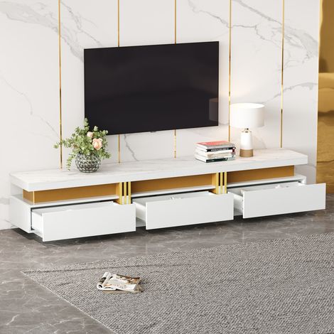 Meuble TV blanc 200 cm avec table basse marbre OKMYHOME (1/5)