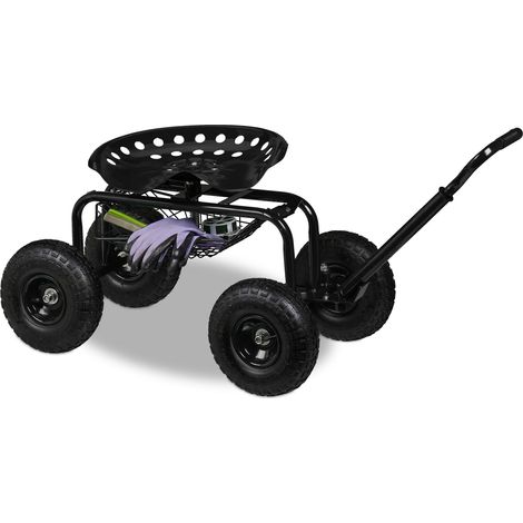 Relaxdays Rolling Garden Seat, Height-Adjustable, 150 kg Capacity, Storage for Tools, Steel, Pneumatic Tyres, Black (1/5)