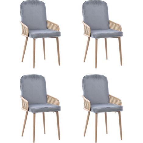 CAIzi4 chaises velours gris dossier rotin, pieds métal imitation bois (1/5)