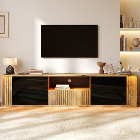 Mobile porta TV basso e moderno in legno naturale e nero con 2 ante e 1 cassetto, illuminazione a LED, vano a giorno, 180x40x51 cm (1/5)